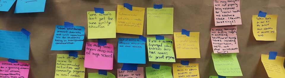 More than 30 multi-colored sticky notes in different handwriting listing problems COYAC teens experience